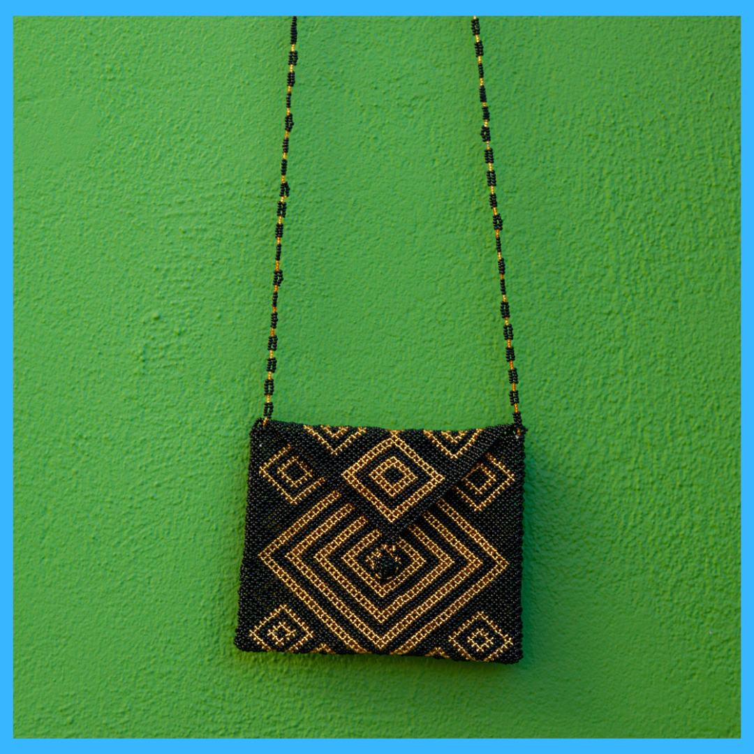 Small Handmade Zulu-Style African Beaded Handbag - Black & Gold