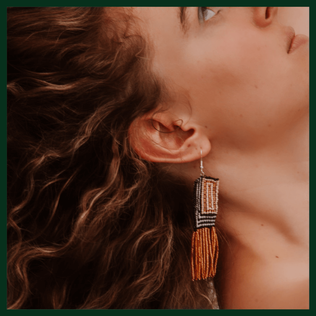 African Beaded Gold Square Earrings